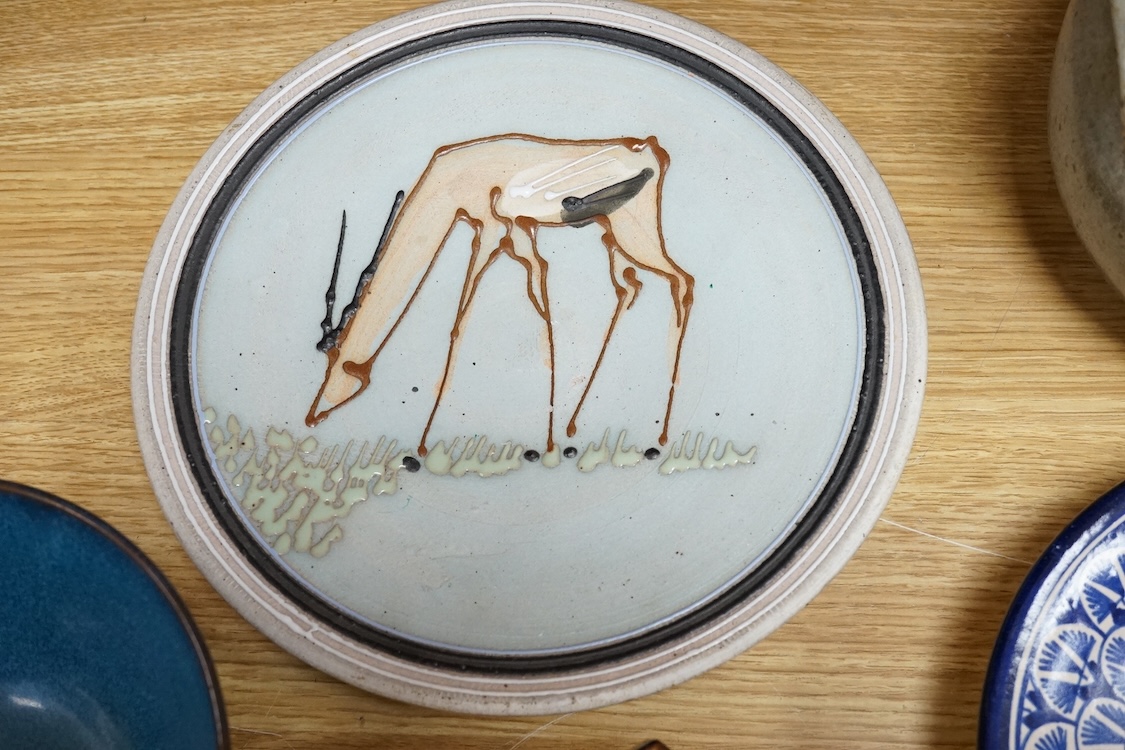 A group of five pieces of Studio pottery, some with impressed signatures to include a hexagonal jar and dishes, largest 25cm high